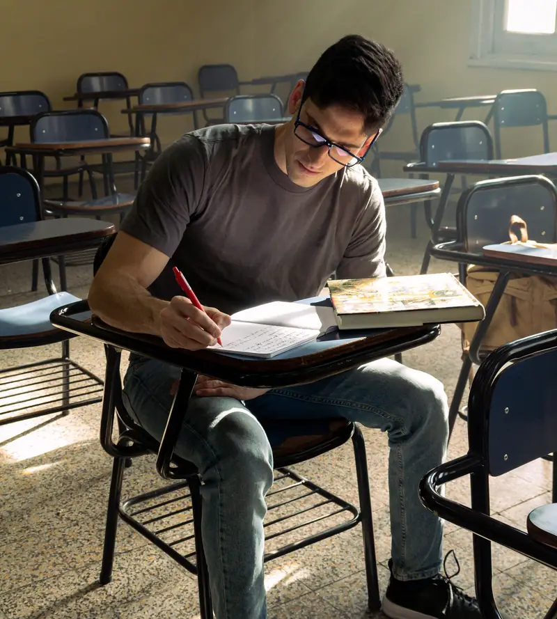 Joven resolviendo un examen en un pupitre de un aula, con luz de ventana
